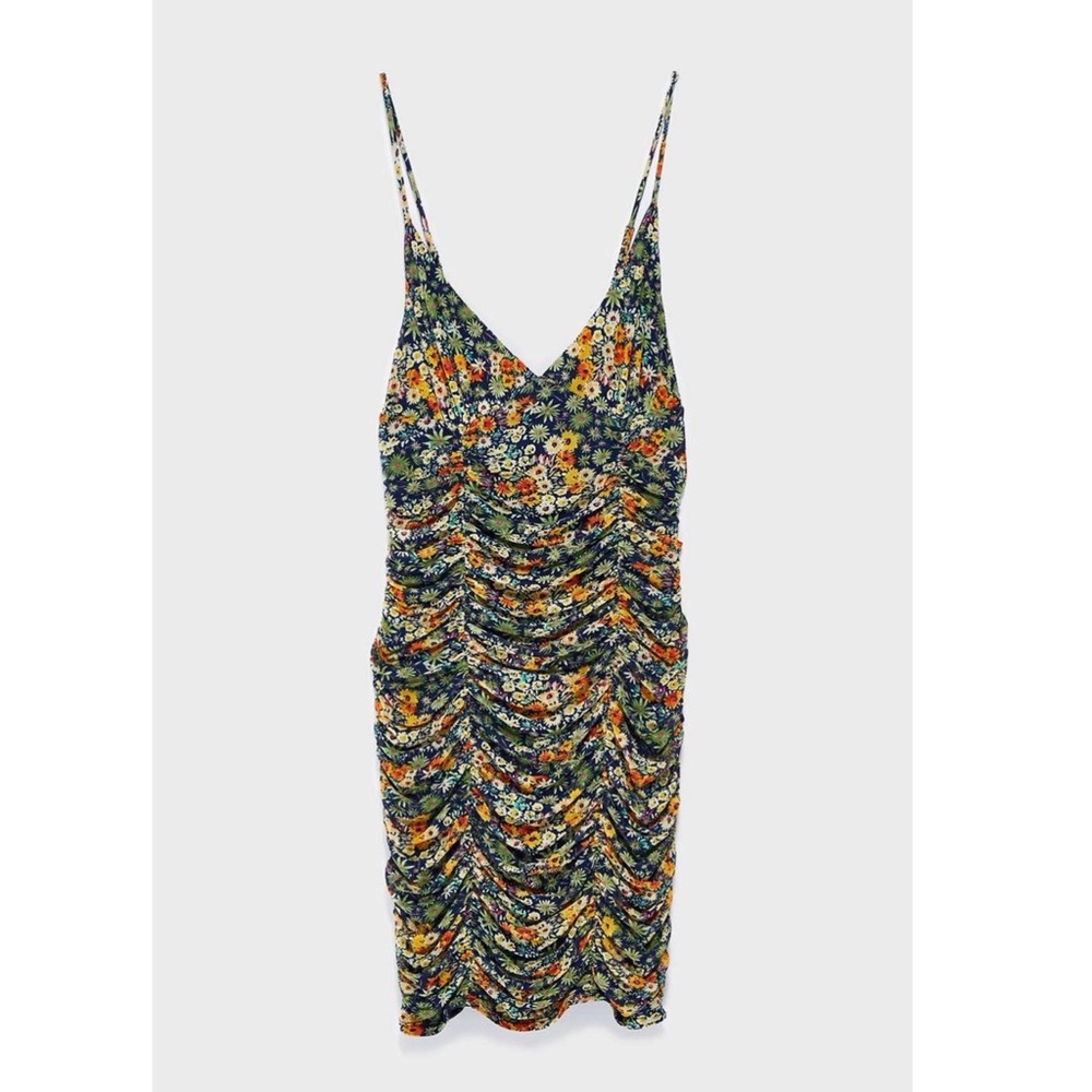 UO Ruched Floral Print Mini Dress